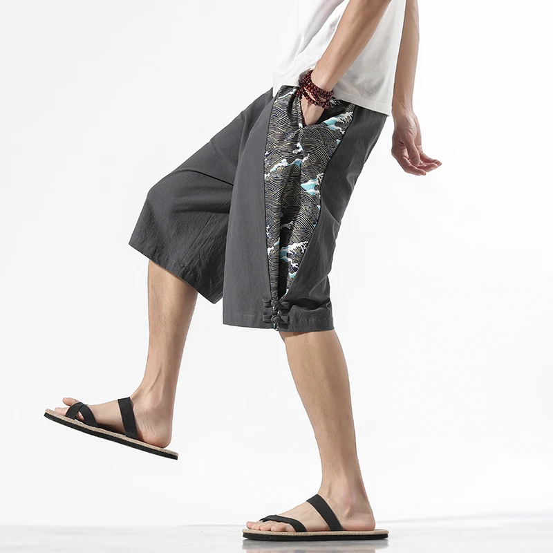 2022 Ljetne muške pamučne lanene hlače Free Muški dužine do koljena Plaža kratke u kineskom stilu Prozračna Muške Modne vanjska odjeća Slika  3