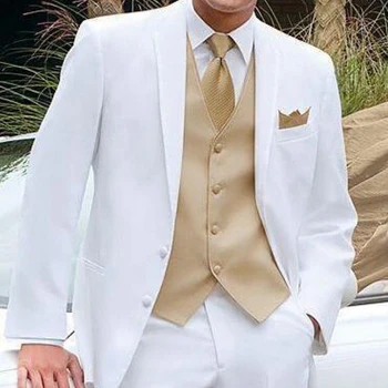 Bijela i zlatna Svadba Smoking za Mladoženje 2020 Muški Modni Odijelo od 3 predmeta Po mjeri Muška Odijela Jakna Prsluk s hlačama