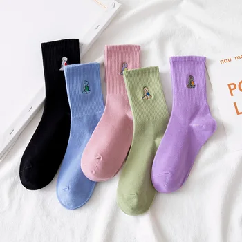 Čista Boja je Dobar Poklon Čarape Srednje Dužine za žene u japanskom stilu Duge Čarape, 1 Par Prozračna Pamučna Crtani Vez Čarapa