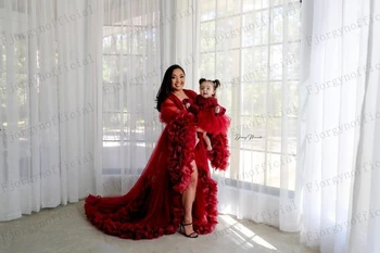 Tamno crvena bujnom rukav od prozirnog tila, Obiteljska prikladna odjeća za majku i kćer, fotografiju Ženski ogrtač, haljina za trudnice, ogrtači za kupanje de mariée