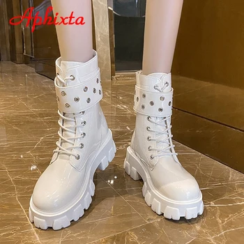 Aphixta 2021 Zimske čizme za žene 5,5 cm Trendy s okruglim vrhom, pojačava visinu, na platformi, buckle, cipele čipka-up, ženske brod