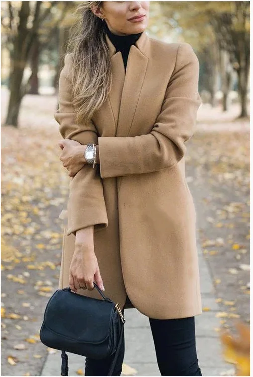 Novi trendi ženski svakodnevne univerzalne kaputi Jakne 2021 Jesen zima jednobojnu s rol-bar Donje vune kaput Slika  5