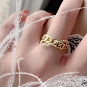 Korejski Moda Nežna Sjajna CZ Kamena Šuplje Prsten s lancem za žene Zlato Bakar Nabijen Križ Šarmantan Otvoreni Prsten Pribor