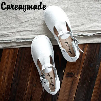 Careaymade-Sandale od prave kože,bijele cipele ručne izrade ,cipele ravnim cipelama u retro stilu za djevojčice mori,japanski retro cipele