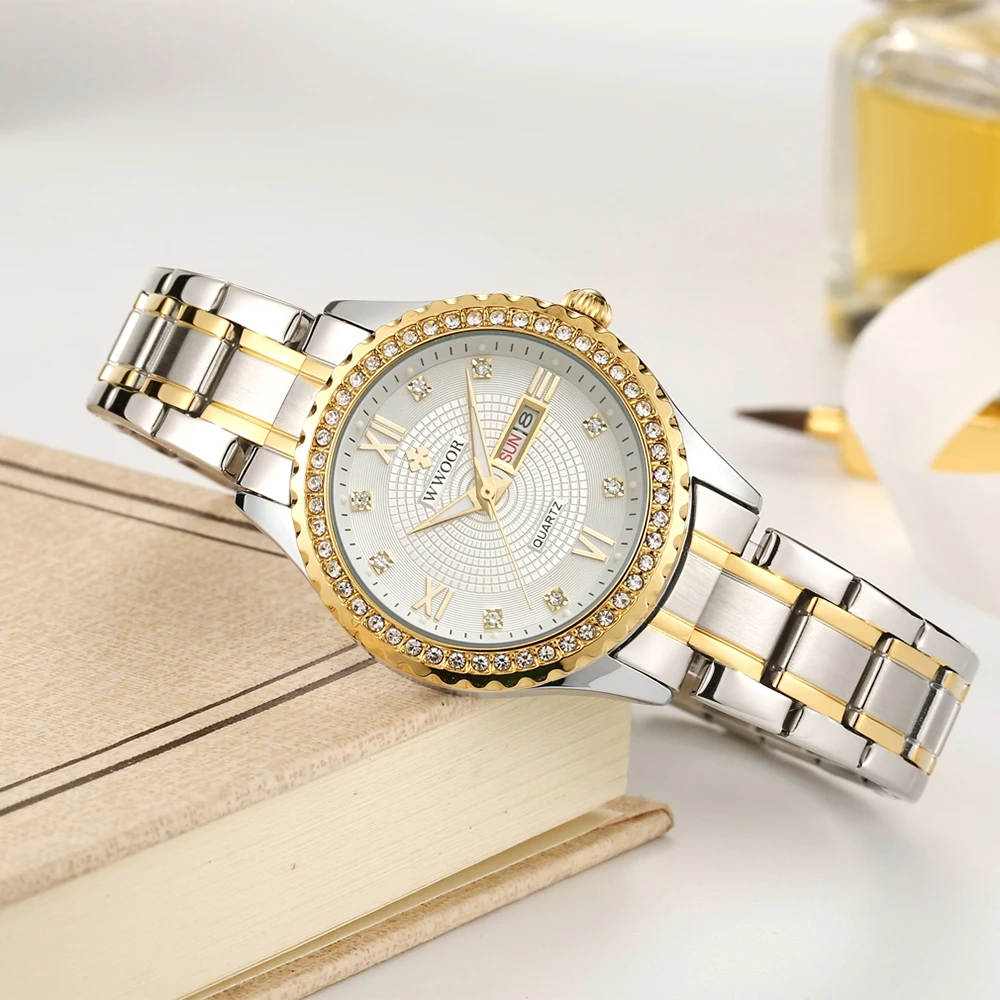 WWOOR 2021 Novi Top Brand Luksuzni Modni Zlato ženski sat sa dijamantima Kvarc Vodootporan ručni sat od nehrđajućeg Čelika Relogio feminino Slika  0
