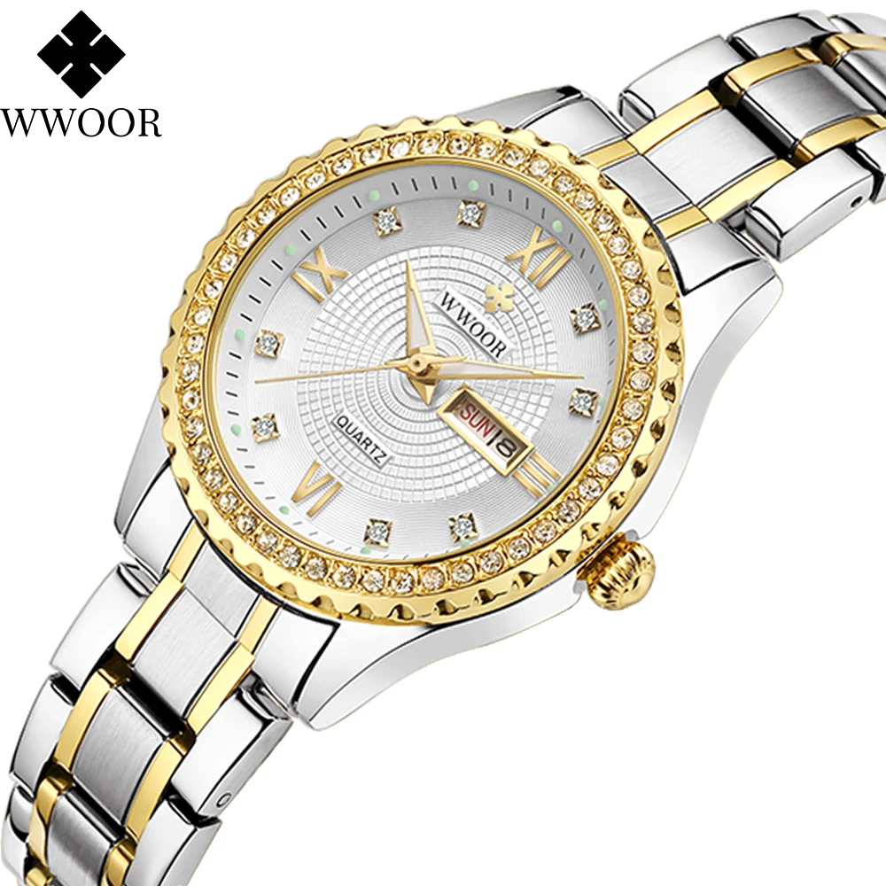 WWOOR 2021 Novi Top Brand Luksuzni Modni Zlato ženski sat sa dijamantima Kvarc Vodootporan ručni sat od nehrđajućeg Čelika Relogio feminino Slika  1