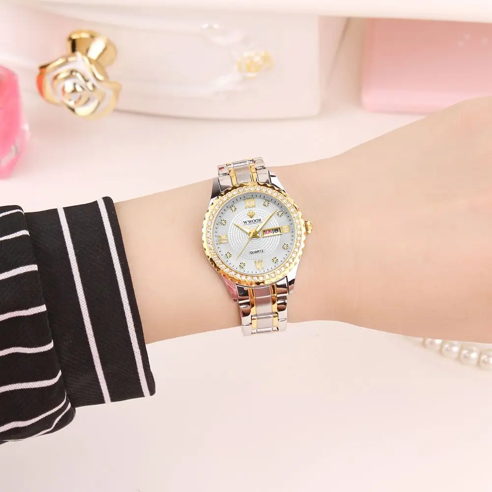 WWOOR 2021 Novi Top Brand Luksuzni Modni Zlato ženski sat sa dijamantima Kvarc Vodootporan ručni sat od nehrđajućeg Čelika Relogio feminino Slika  3