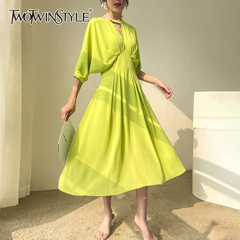 TWOTWINSTYLE Elegantan ljetna haljina u stilu patchwork Donje V-izrez i zelenim rukavima košulja kratkih rukava i visoka struka, nabori, nabrane midi Ženske Elegantne haljine
