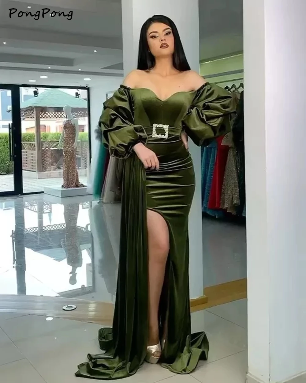 Arapski večernje haljine Crna s gola ramena s dugim zelenim rukavima Baršunasto haljina Sirena za prom Večernja haljina abendkleider 2021 dubai Slika  0