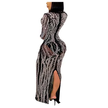 Seksi haljinu sa šljokicama za žene Transparentno s visokim prorezom transparentno сетчатое večernja haljina sa šljokicama i dugih rukava sa V-izrez Klupski haljina haljina Mujer