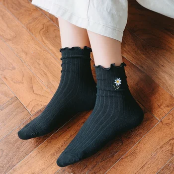 Nove ženske čarape u cijevi Slatka čipke, Vezene čarape pamučne čarape Japanski Casual stil za djevojčice Korejski Cvjetni Čarape Klasicni sa volanima Sox