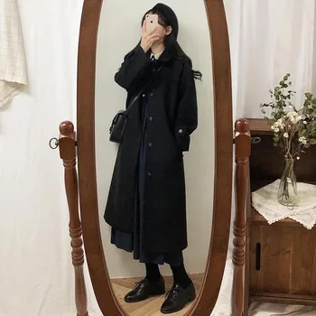 Korejski ženska moda Slobodno duge vune kaput Jesen zima Crno vune kaput Hepburn Kardigan odjeća Ветровка Debelo kaput
