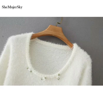 SheMujerSky Ženski bijelo krzno-pulover okruglog izreza i zelenim rukavima Pleteni skraćeni pulover 2021 Pulover kratkih rukava
