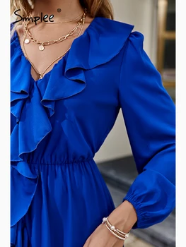 Simplee богемное donje večernja haljina s v-izrez i dugih rukava, plavo sa volanima, трапециевидное slobodno večernja haljina maxi, donje haljina s rukavima-svjetiljke, vestido