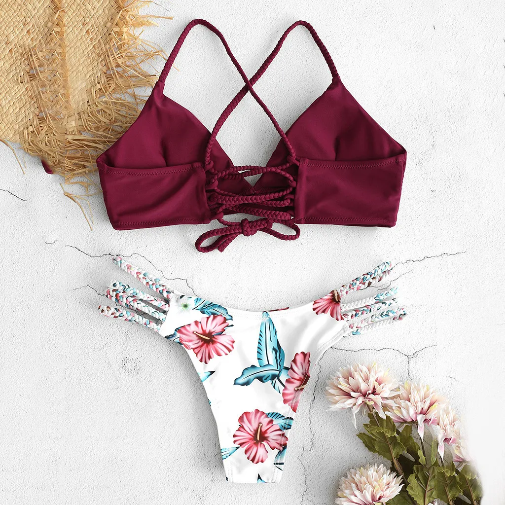 Cvjetni print Seksi bikini set sa V-izrez, bez naslona bez rukava Sling Plaža odjeća Ljetnim Kupanje 2021 Svakodnevno Brazilski bikini Feminino Slika  2