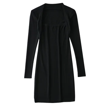 WOMENGAGA 2021 Proljeće Crna lažni komplet od dva dijela Hip-haljina za žene Korejski Kvadratni izrez dugi rukav Thin mini-haljine YQJT