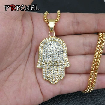Hip-hop Punk Zlatna boja Nehrđajućeg čelika 316L Fatima Dlan Hamsa Amulet s kubični cirkon Privjesak Ogrlice za muškarce i žene Molitva nakit