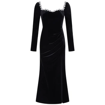 YIGELILA Modni donje crno baršunasto haljina Elegantna haljina s trga ovratnikom i dugim rukavima u stilu empire Suptilna monotone haljinu na svojim gležnjeva 66978