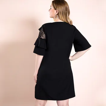 Veliki veličina Crne Elegantne ženske haljine Ženske office haljine s ruffles velike veličine cvjetne čipke odjeća za europske ljetne odjeće s расклешенным rukava