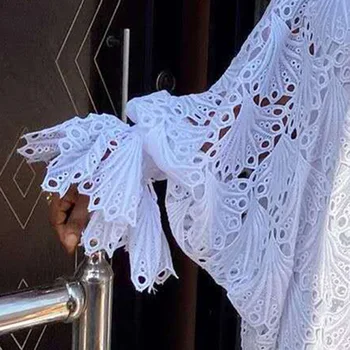 Bijelo čipkan haljina od dva dijela za žene s dugim расклешенным rukava Seksi dame u Šuplje haljine veličine Afrička moda Maxi Haljine za zabave