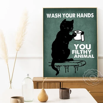 Starinski Umjetnički Plakat u wc, Slika na platnu s prikazom Crtani životinje, Umjetničke grafike Ljubitelje Crnih Mačaka, Dekor s natpisom 
