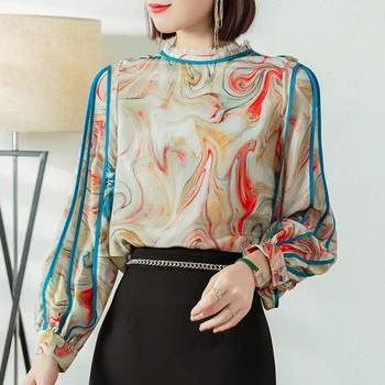 Proljeće i Jesen Ženska Vintage košulja Elegantan ovratnik-satna dugi rukav Ženske majice po cijeloj površini Bluza Ženska bluza od prirodnih svile