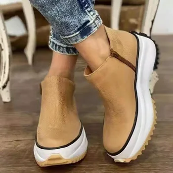 2021 Ženske kožne cipele s okruglim vrhom na strani munje s bijelim низом Ženske cipele na platformu Monotono Casual cipele za hodanje Ženske čizme