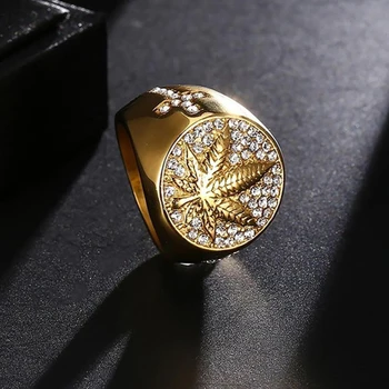 Hip-hop Prsten od nehrđajućeg čelika 316L s кленовыми lišćem Mikro-Podstavljene Kubni Cirkon Zlatno Prstenje za muškarce Nakit Arapsko-muslimansko Prsten Islama