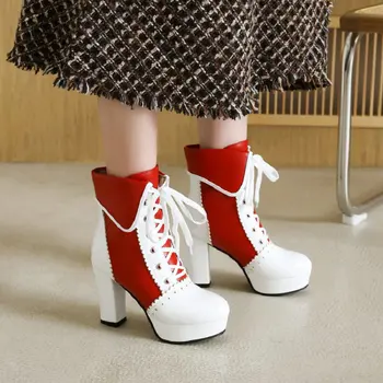 Sianie Tianie Zimske kolaž čizme s odbačenost ovratnik čipka-up na platformi na visoke potpetice Ženske cipele na petu Velike veličine 46 47 48