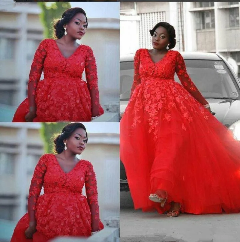 2020 Crvene vjenčanice trapeznog oblika s 3D cvjetnog čipke aplikacija dužine do poda od tila sa dugim rukavima u afričkom stilu Plus Size haljina Slika  0