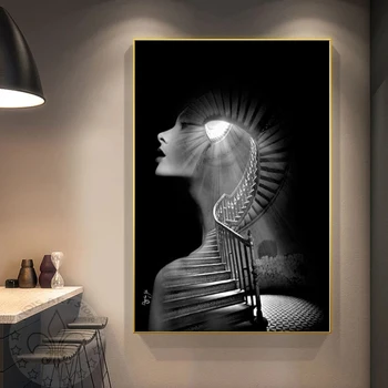 Crno-bijele žene Apstraktno Slikarstvo na platnu Minimalistički Posteri s printevima Moderna Spiralno stubište Zid Umjetnost Spavaća soba Home Dekor Slika