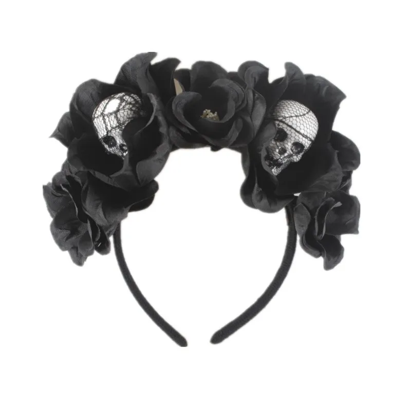 INS je nova crna имитационный cvijet s kopčom na glavi od pjene šlem s lubanjom Halloween festival mrtvih duhova povez za glavu Slika  4