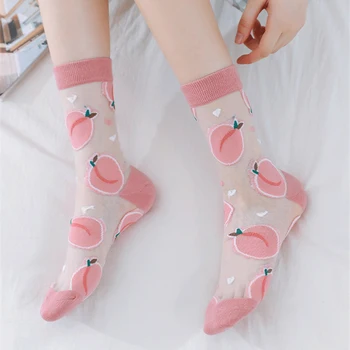 FINETOO Ženske čarape Nova djevojka Ženska moda Tanke Zabavne Čarape Prozračna Prozirne Slatke voćne ženske čarape u boji u korejskom stilu