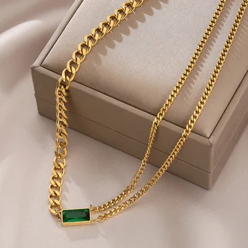 Vintage Zeleni Kristal Za žene Šarm Ogrlica od Nehrđajućeg Čelika Višeslojne Ogrlice lanca Modni nakit Dekor