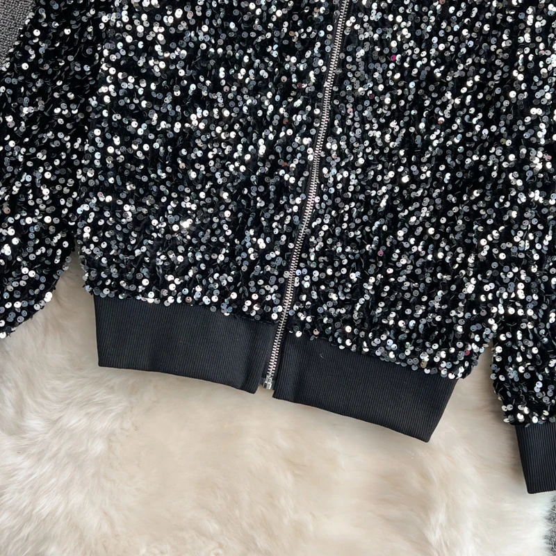 Jesensko-zimske crne/bijele jakne sa šljokicama, Elegantan kaput na munje s V-izrez i dugih rukava, ženska sjajna baseball gornja odjeća, Novo Slika  0