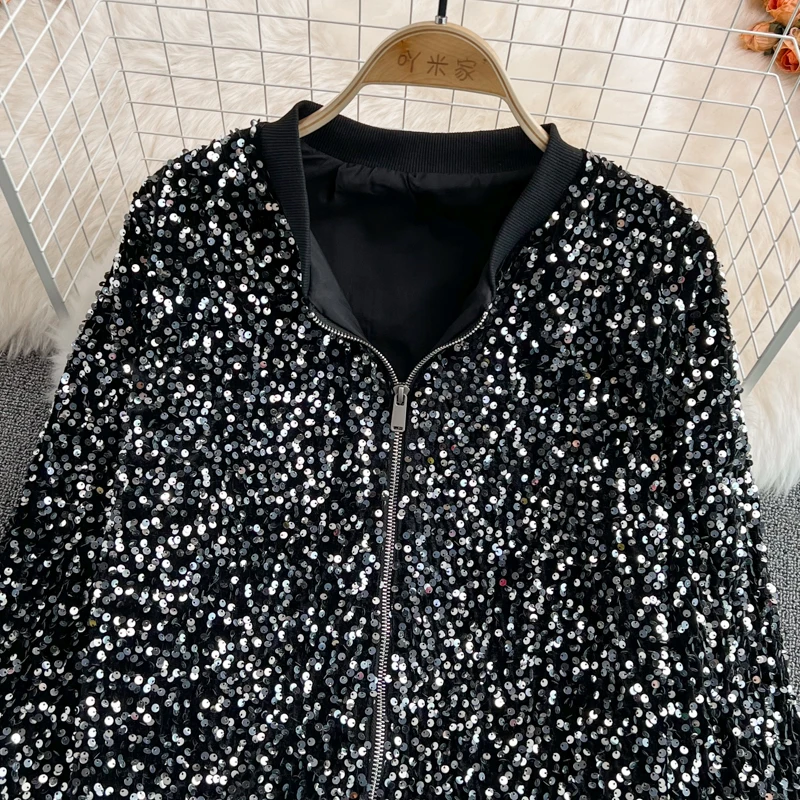 Jesensko-zimske crne/bijele jakne sa šljokicama, Elegantan kaput na munje s V-izrez i dugih rukava, ženska sjajna baseball gornja odjeća, Novo Slika  1