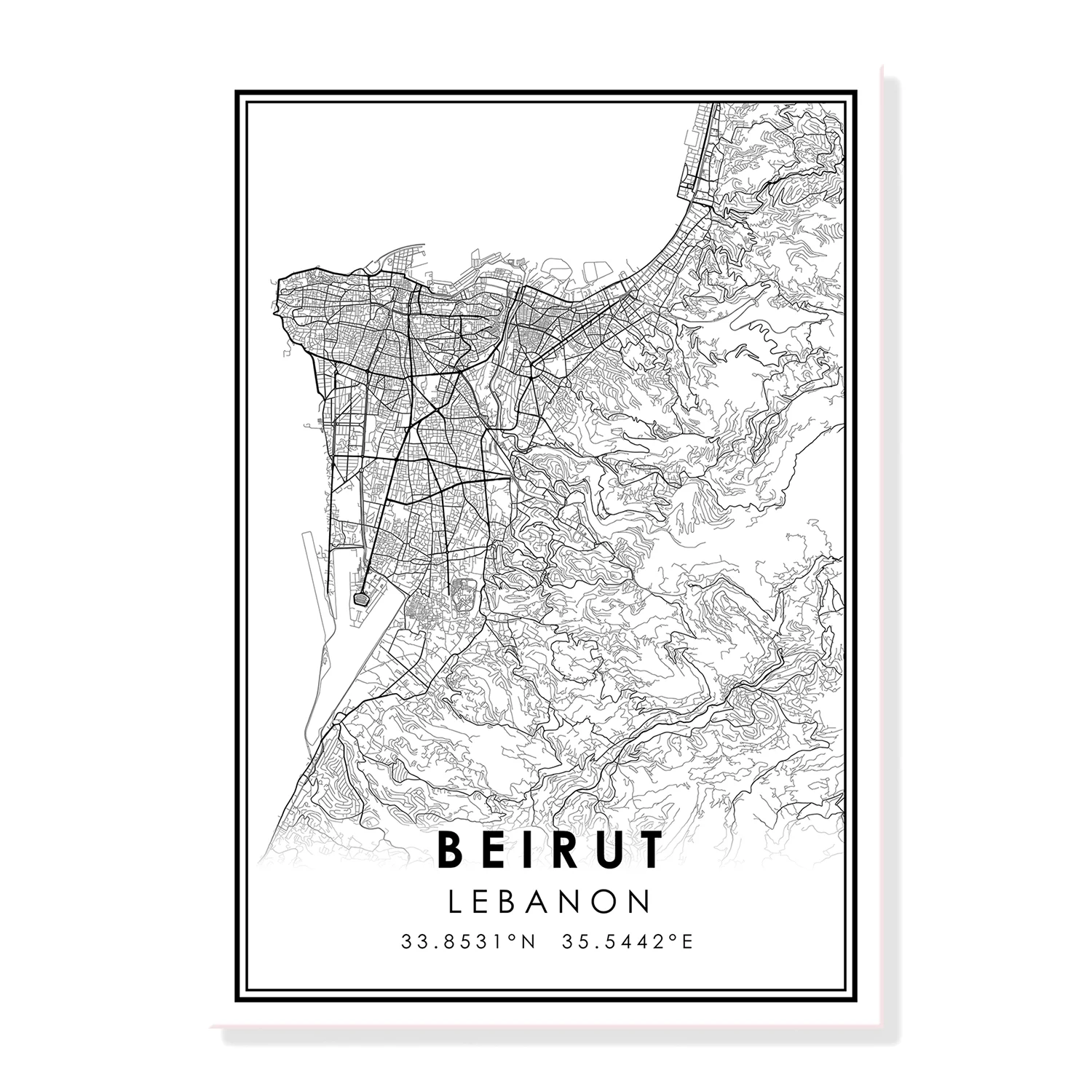 BEJRUT u Libanonu karta grada tisak plakata platnu zid umjetnost Slika  0