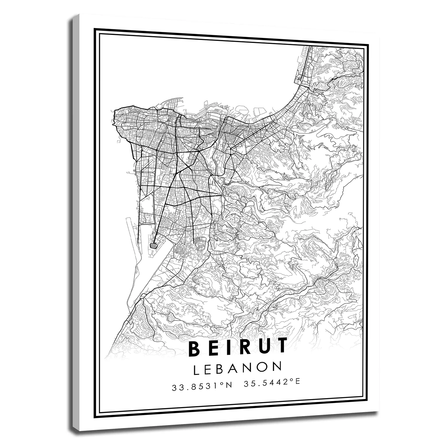 BEJRUT u Libanonu karta grada tisak plakata platnu zid umjetnost Slika  2