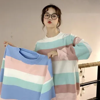 Korejski modni prugasti džemper za žene Zima Jesen Casual pulover okruglog izreza Lijeni ženski top dugi rukav Pletenje Ženska odjeća