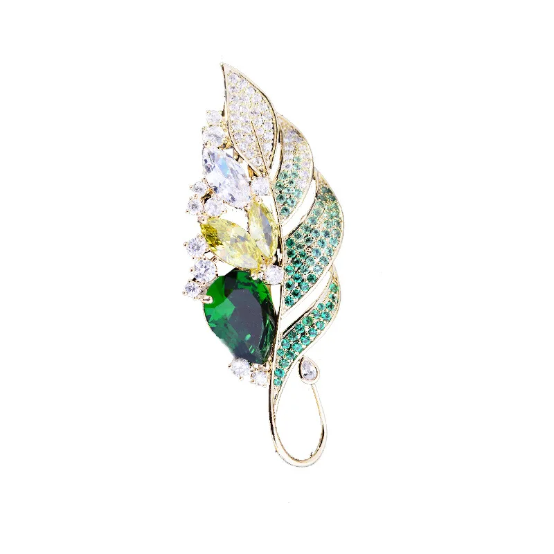 OKILY Modni nakit od kubni Cirkonij s lišćem Elegantan Temperament Pin Kaput Lišće biljaka Korsaž Pribor Ženski Modni Nakit Slika  2