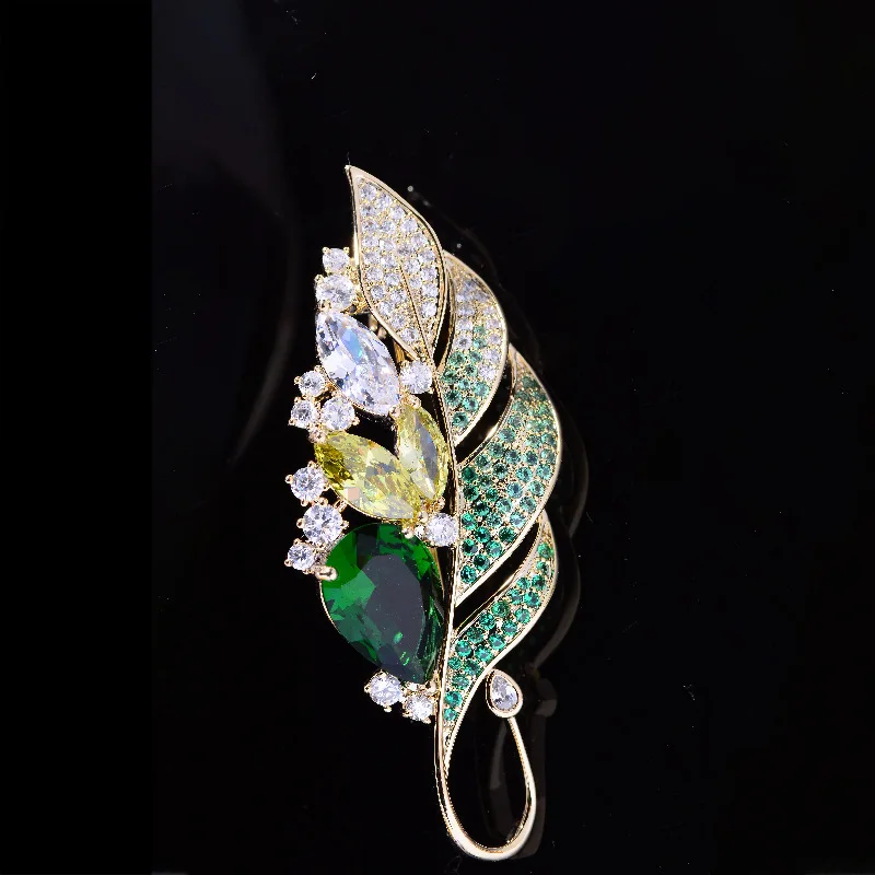 OKILY Modni nakit od kubni Cirkonij s lišćem Elegantan Temperament Pin Kaput Lišće biljaka Korsaž Pribor Ženski Modni Nakit Slika  4