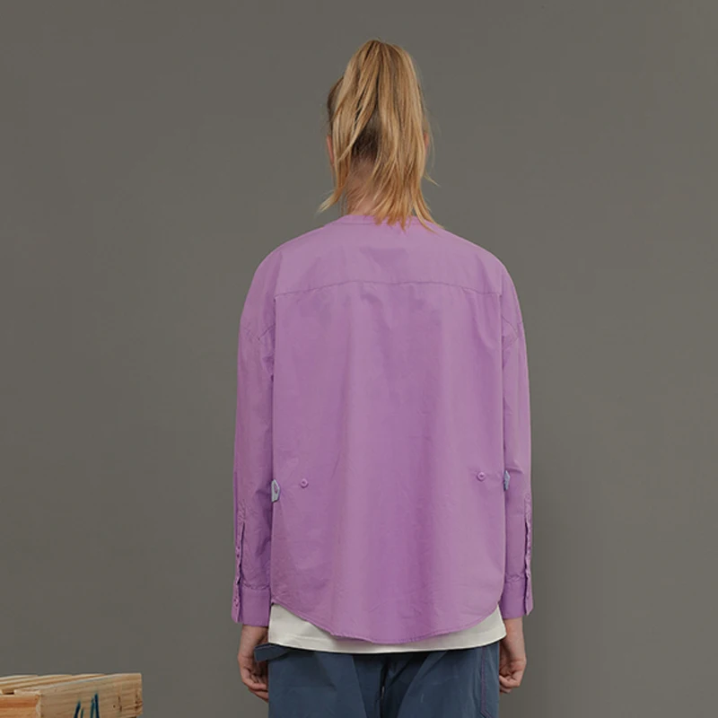 Proljeće i Jesen Novi dizajn ženska pamučna bluza ljubičaste boje u patchwork stilu s okruglog izreza i dugi rukav slobodna Ženska majica Majice Slika  1
