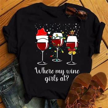 Kawai čašu za vino Božićno šešir ženske modne majice s božićnim po cijeloj površini ženske majice s kratkim rukavima ženska majica