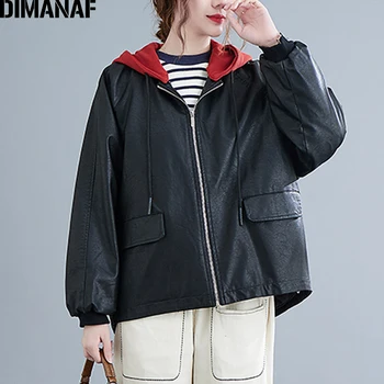 DIMANAF Jesensko - zimska ženska odjeća veličine jakna-бомбер kaput od umjetne kože Crna Slobodna Vintage odjeća s kapuljačom pamuk brod