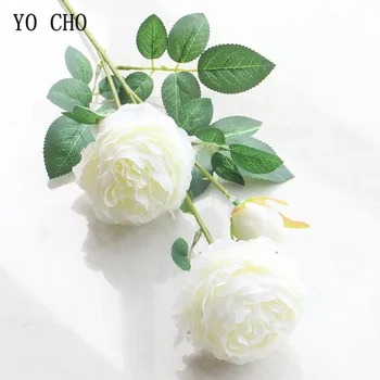 JO CHO 3 Glave Žuto-Bijeli Božur Umjetno Cvijeće Svila Cvijeće Ruža Umjetni Cvijet Vjenčanje Ukras za Dom Lažni Peonies