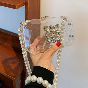 Dijamant je Prozirna Akril Večer клатч Vjenčanje večernja torba Luksuzne ženske torbice i torbe Dizajnersku torbu preko ramena s bisernom lancem