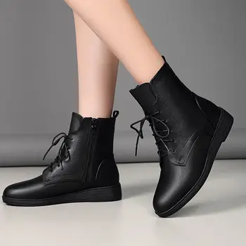 Ženske čizme u britanskom stilu od meke kože 2021 Ženske zimske prirodne cipele crne boje sa non-slip i runo ženske cipele 91104