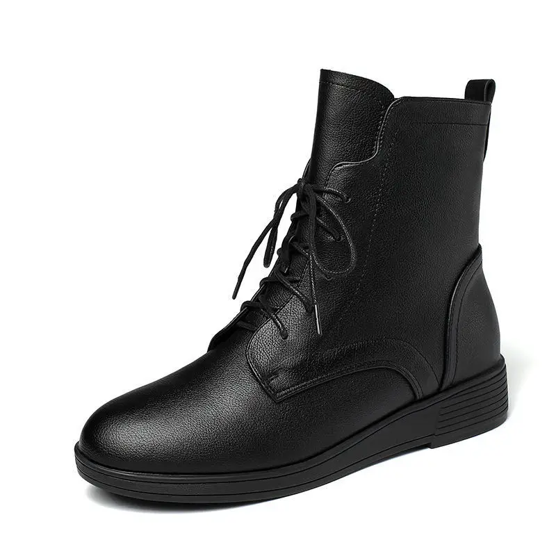 Ženske čizme u britanskom stilu od meke kože 2021 Ženske zimske prirodne cipele crne boje sa non-slip i runo ženske cipele 91104 Slika  1