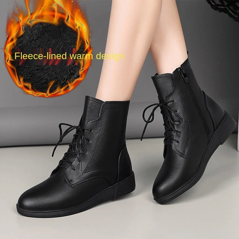 Ženske čizme u britanskom stilu od meke kože 2021 Ženske zimske prirodne cipele crne boje sa non-slip i runo ženske cipele 91104 Slika  3