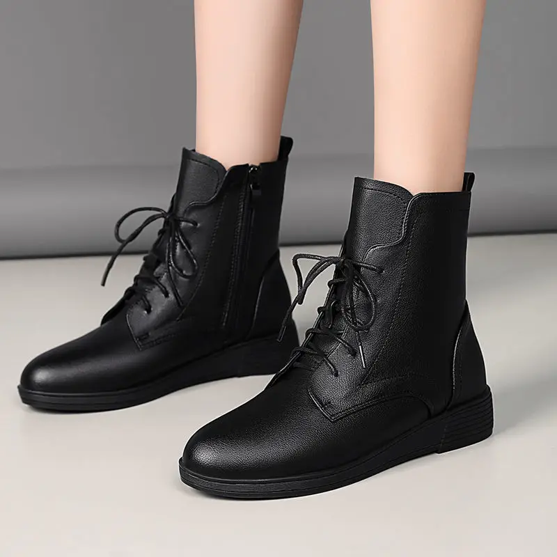 Ženske čizme u britanskom stilu od meke kože 2021 Ženske zimske prirodne cipele crne boje sa non-slip i runo ženske cipele 91104 Slika  4